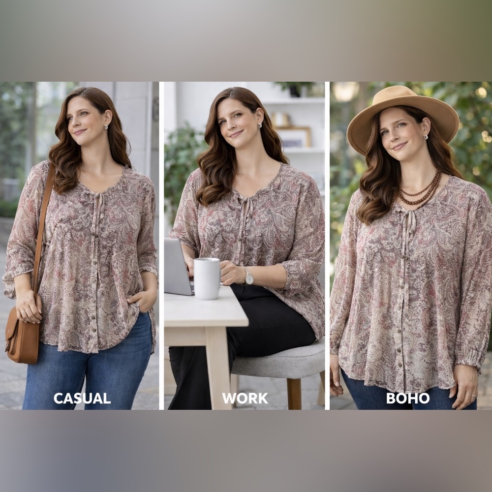 Liz Claiborne Woman Paisley Blouse 3X Boho Button Front Long Sleeve